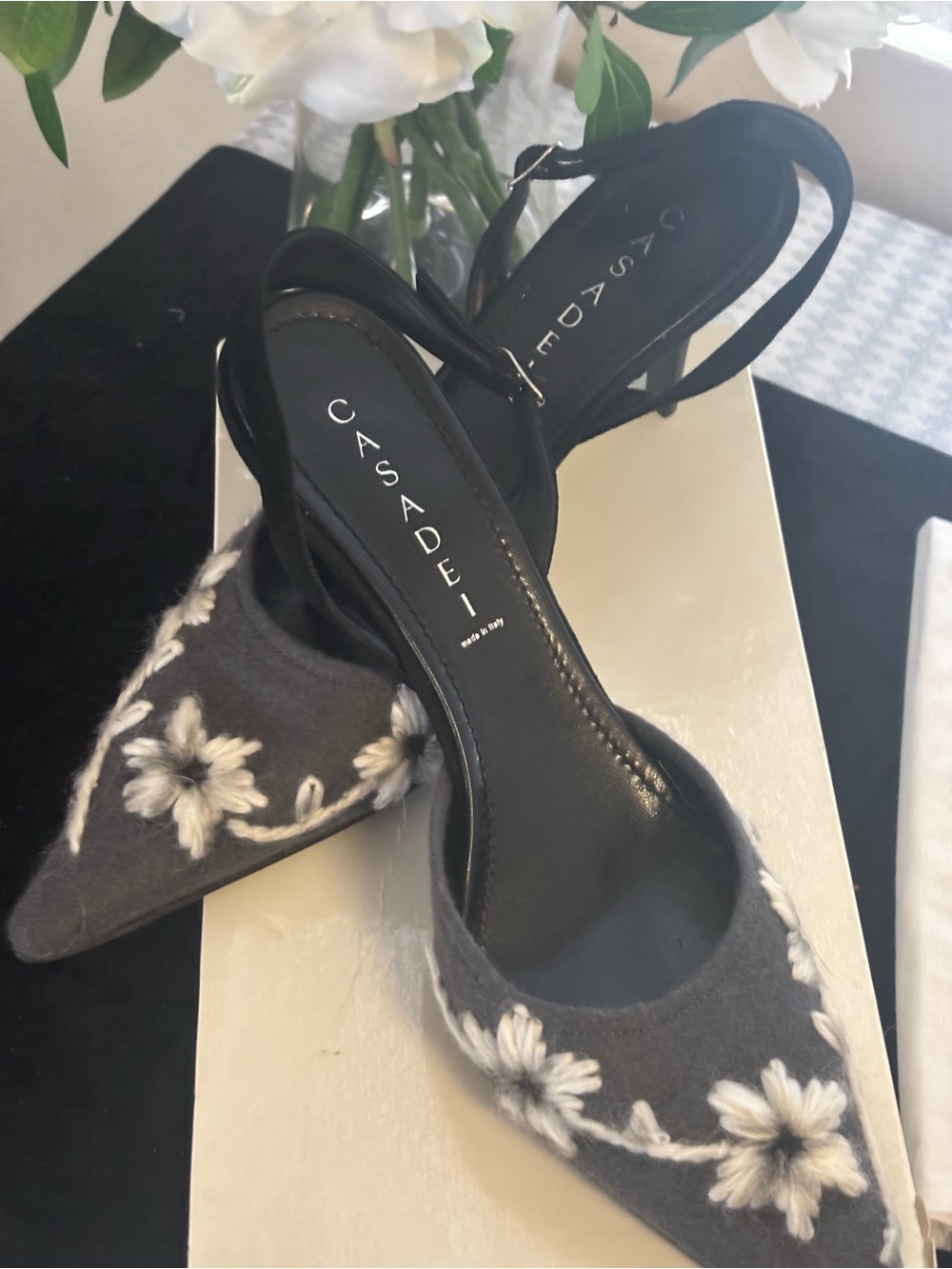Casadei Gray Slingback Pointed-Toe Heels with White Floral Embroidery